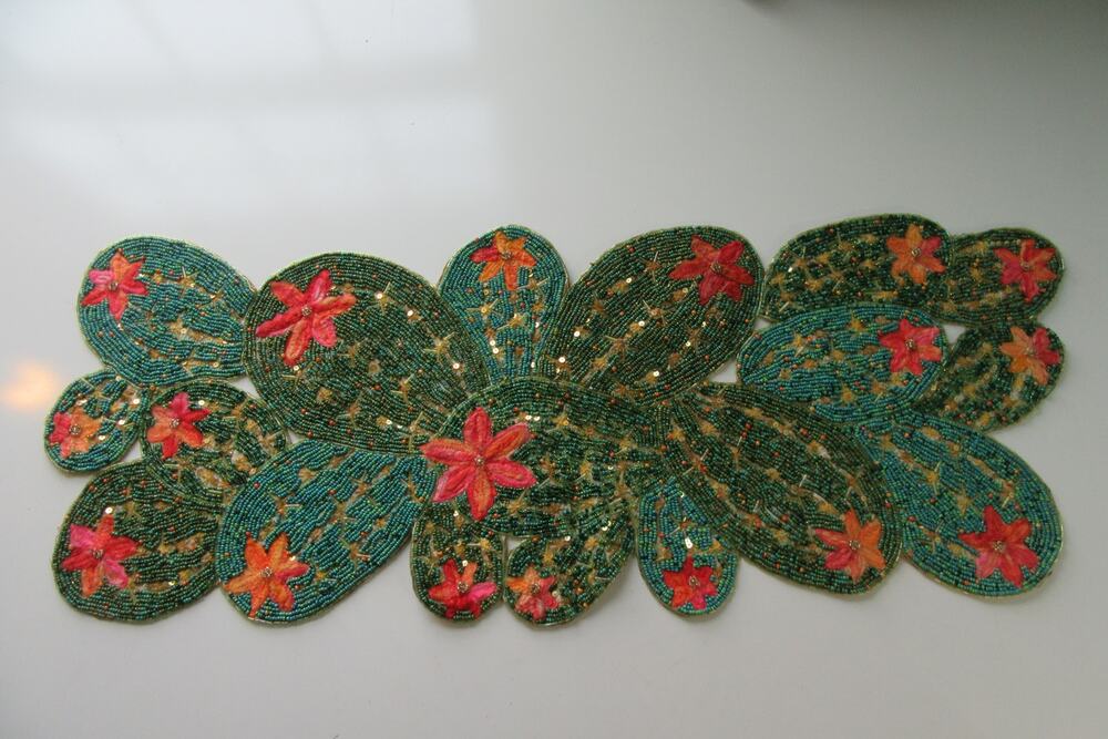 Pier 1 Beaded Cactus Table Runner Desert Flower Blooms Centerpiece 36" X 14"